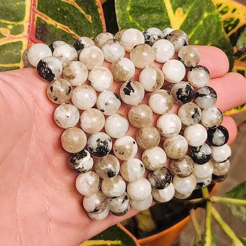 Rainbow Moonstone and Smokey Quartz 10mm Beaded Crystal Stretch Bracelet - Picture 2 of 4